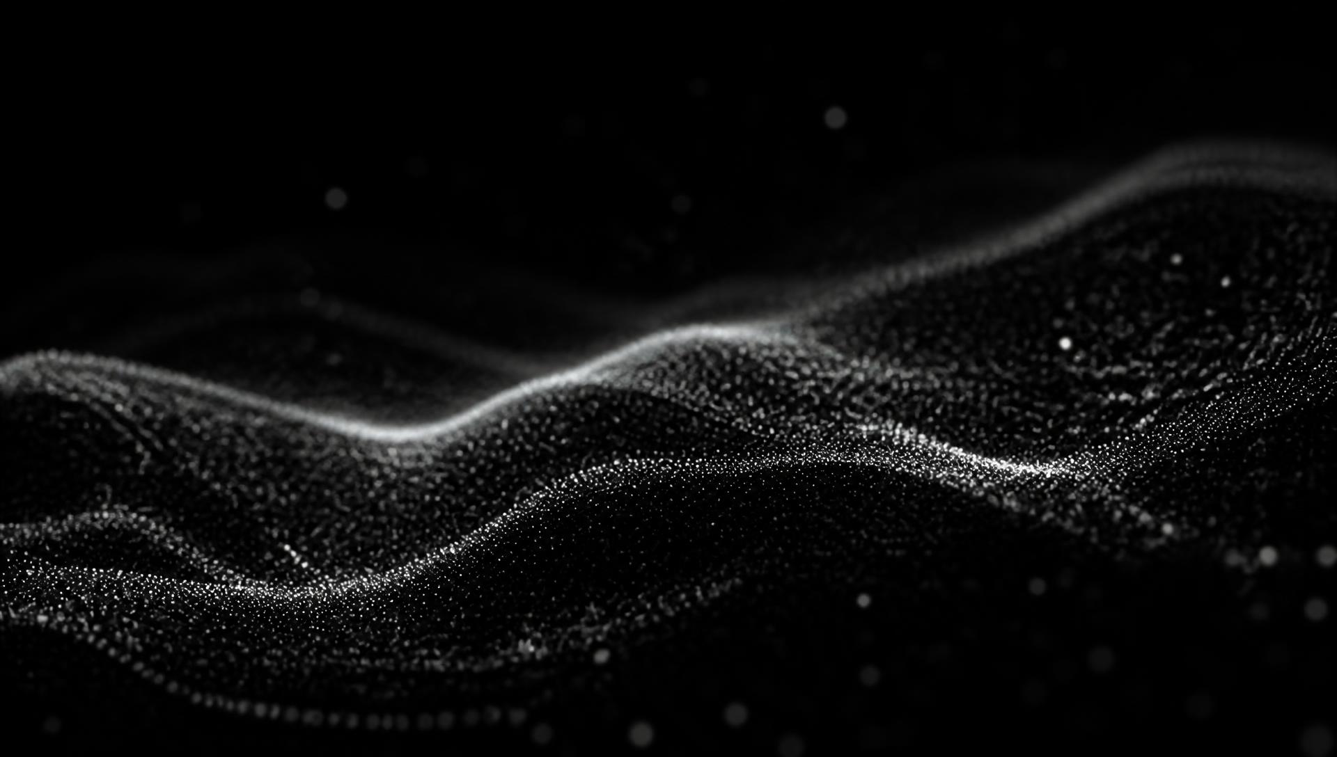 A wave of luminous particles rendered in darkness