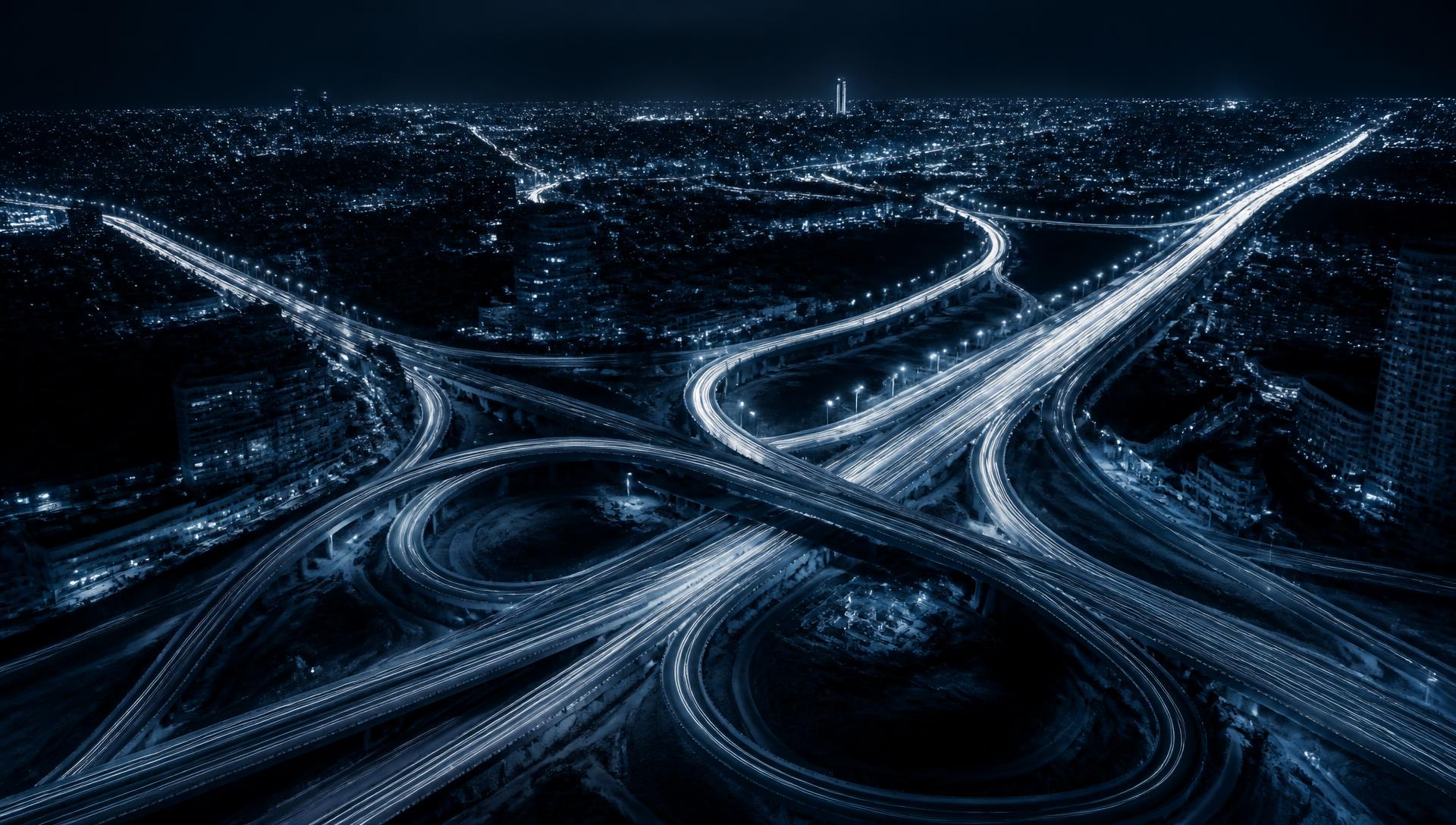 Aerial night view of motorway light trails